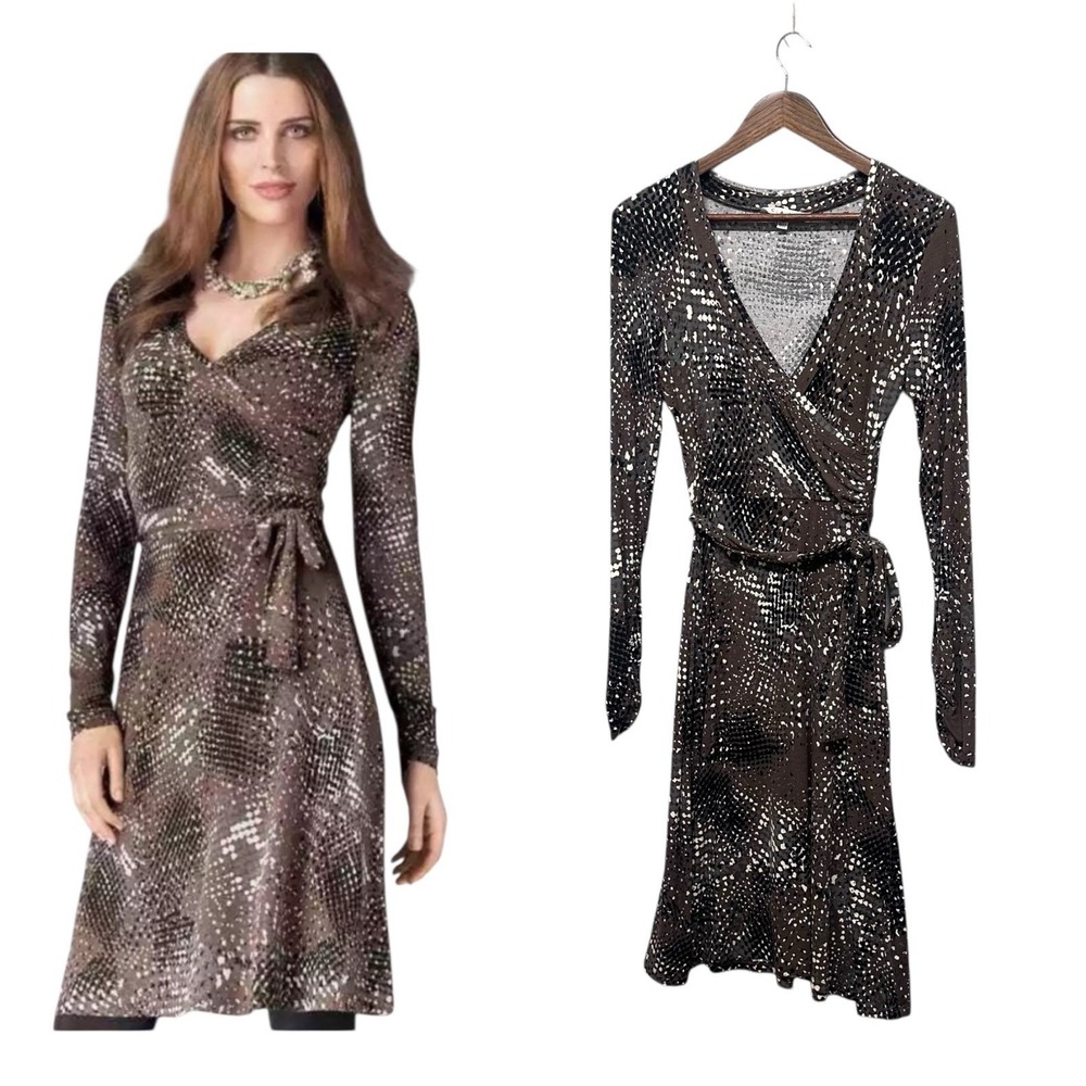 CABI Brown Geometric Long Sleeve Dress Women's Size S Ruched‎ Faux Wrap Belted
